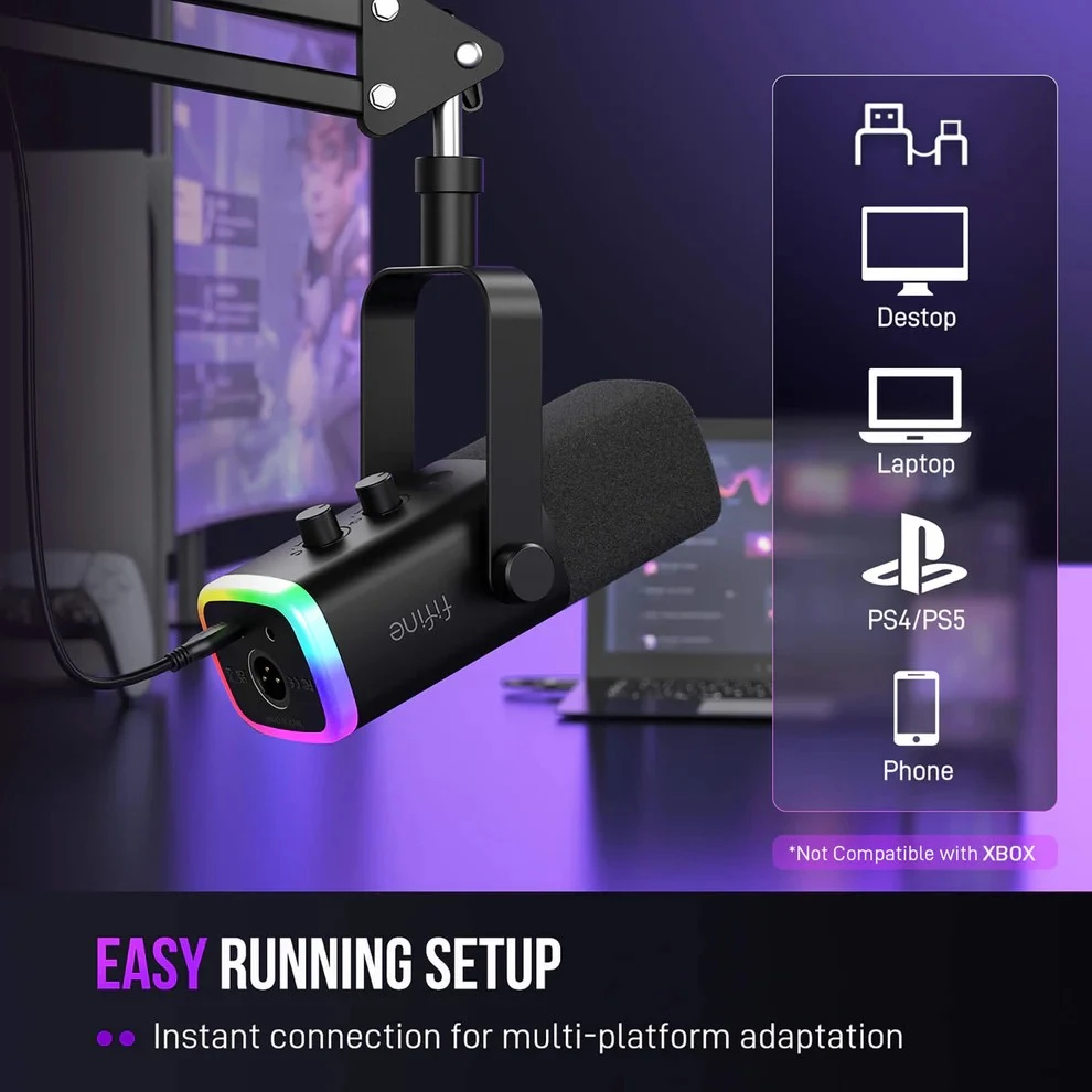 FIFINE AmpliGame AM8T Juodas laidinis mikrofonas su stovu ir RGB apšvietimu | USB/XLR