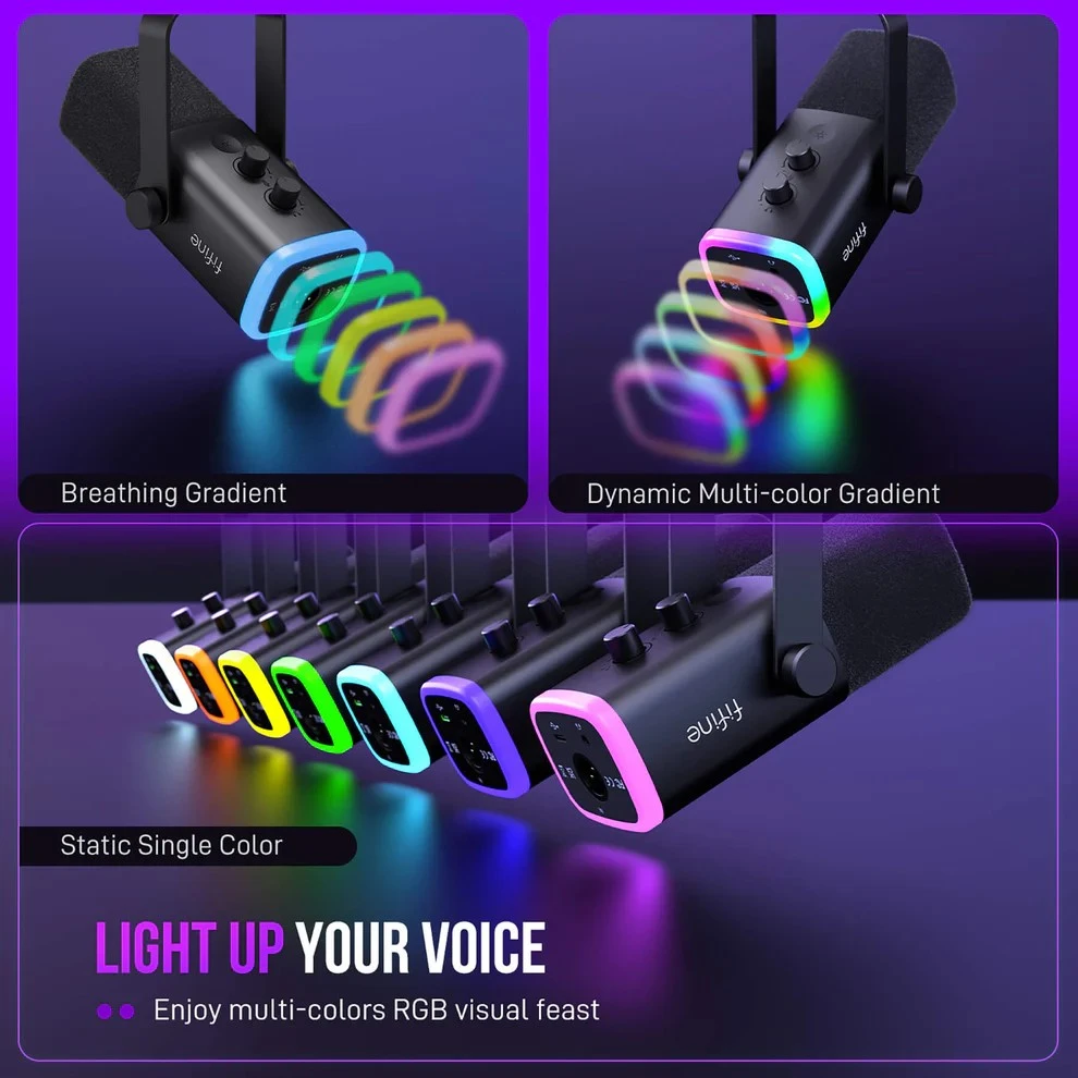 FIFINE AmpliGame AM8T Juodas laidinis mikrofonas su stovu ir RGB apšvietimu | USB/XLR
