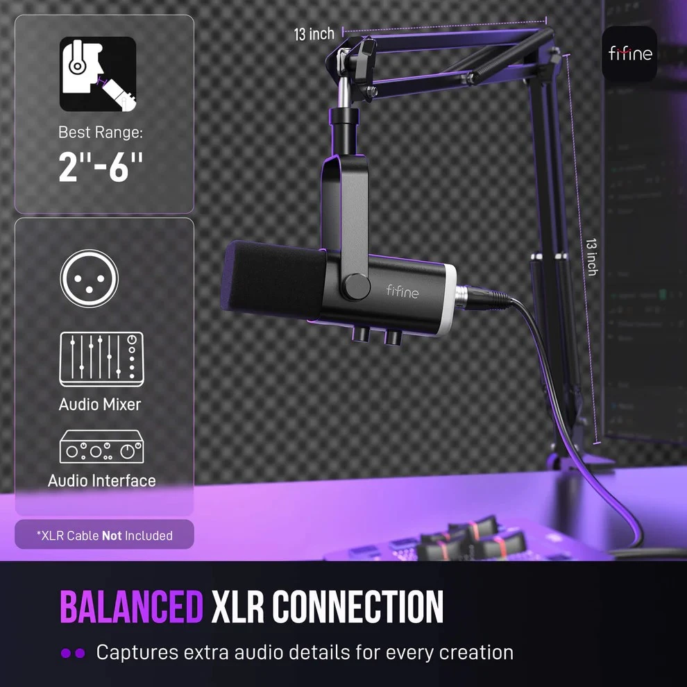 FIFINE AmpliGame AM8T Juodas laidinis mikrofonas su stovu ir RGB apšvietimu | USB/XLR