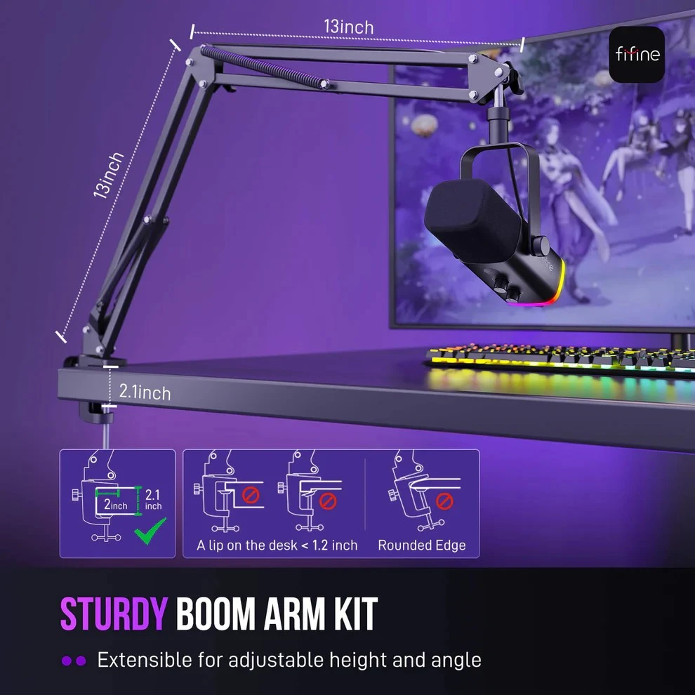 FIFINE AmpliGame AM8T Juodas laidinis mikrofonas su stovu ir RGB apšvietimu | USB/XLR