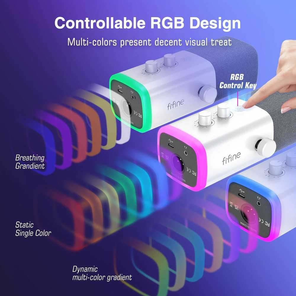 FIFINE AmpliGame AM8W laidinis mikrofonas su RGB apšvietimu USB/XLR