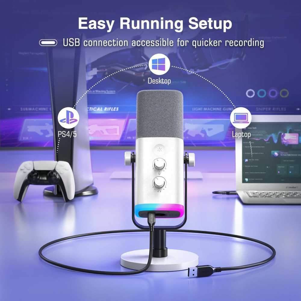 FIFINE AmpliGame AM8W laidinis mikrofonas su RGB apšvietimu USB/XLR