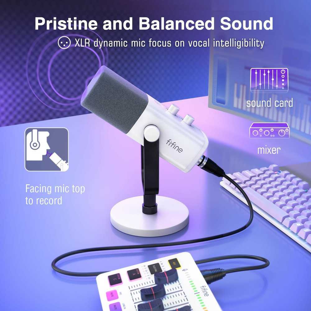 FIFINE AmpliGame AM8W laidinis mikrofonas su RGB apšvietimu USB/XLR