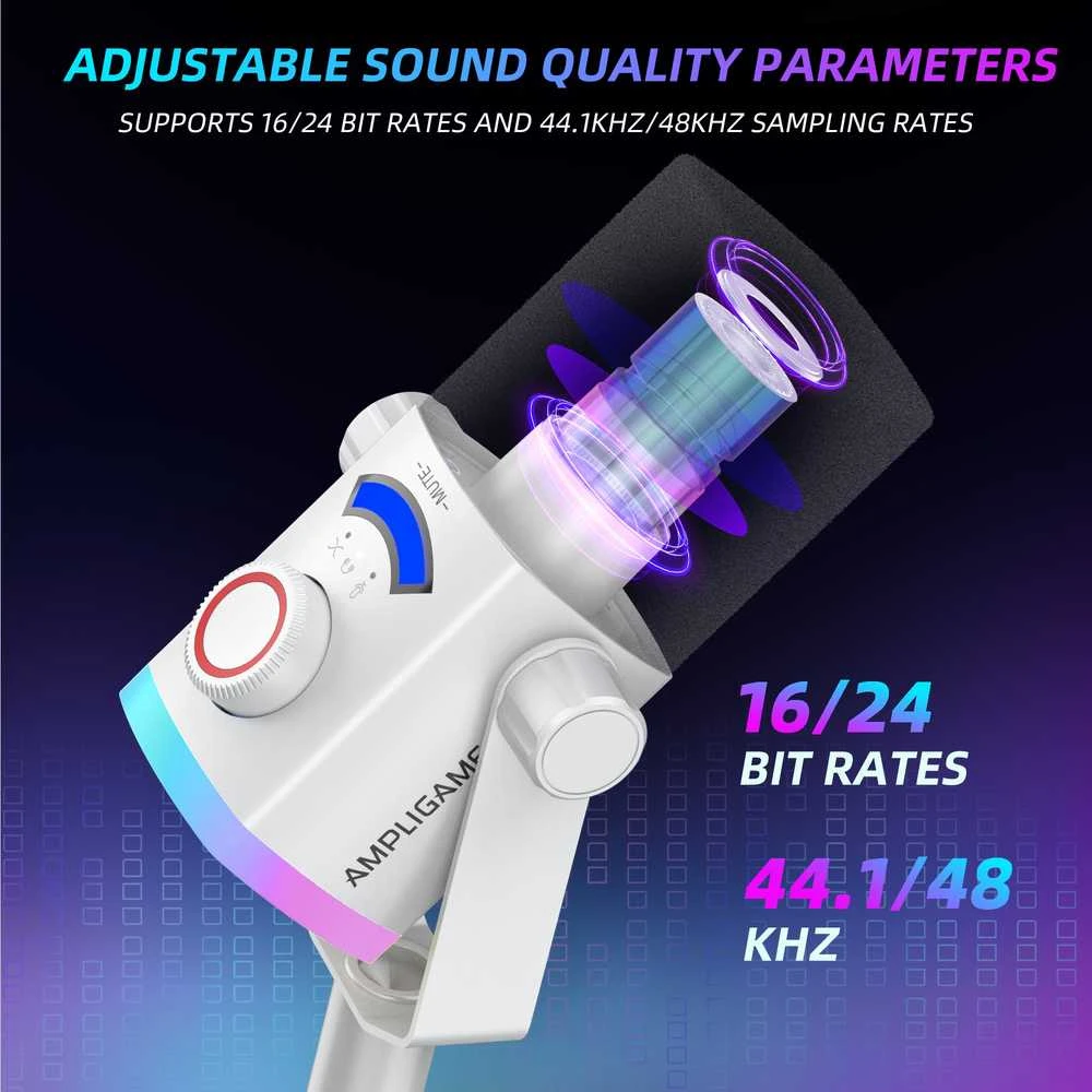FIFINE AmpliGame AM8W PROT laidinis mikrofonas su stovu ir RGB apšvietimu USB/XLR