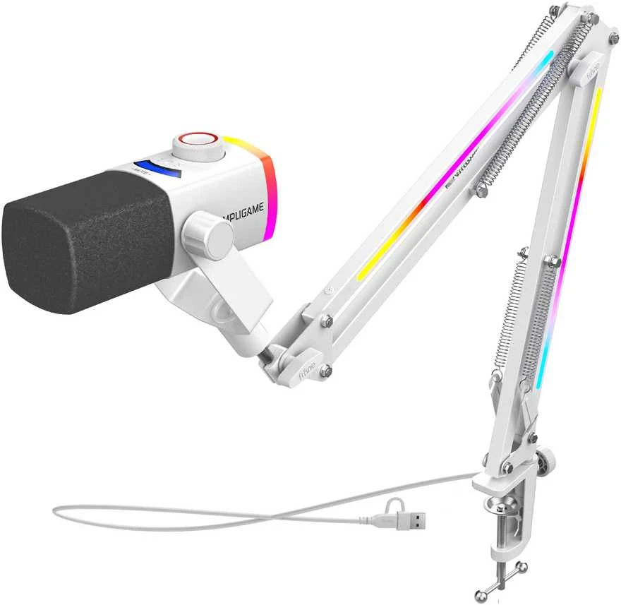 FIFINE AmpliGame AM8W PROT laidinis mikrofonas su stovu ir RGB apšvietimu USB/XLR