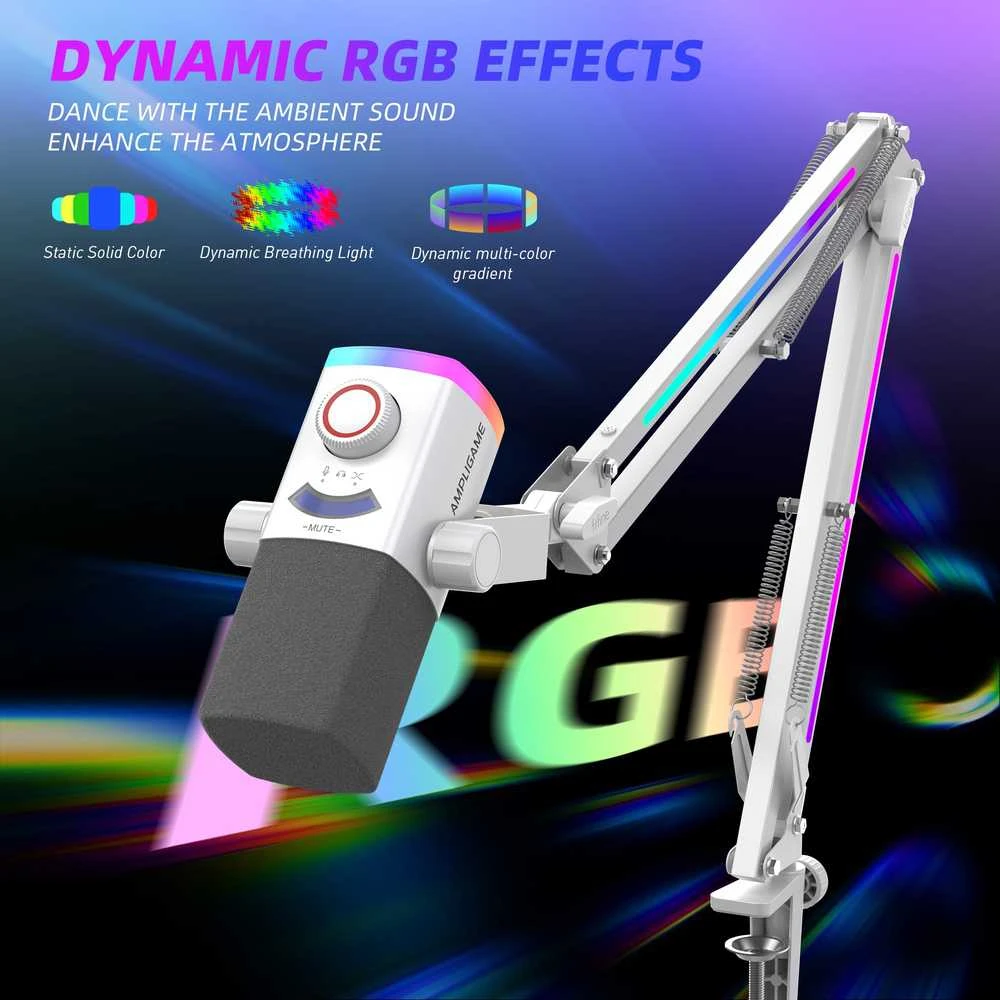 FIFINE AmpliGame AM8W PROT laidinis mikrofonas su stovu ir RGB apšvietimu USB/XLR