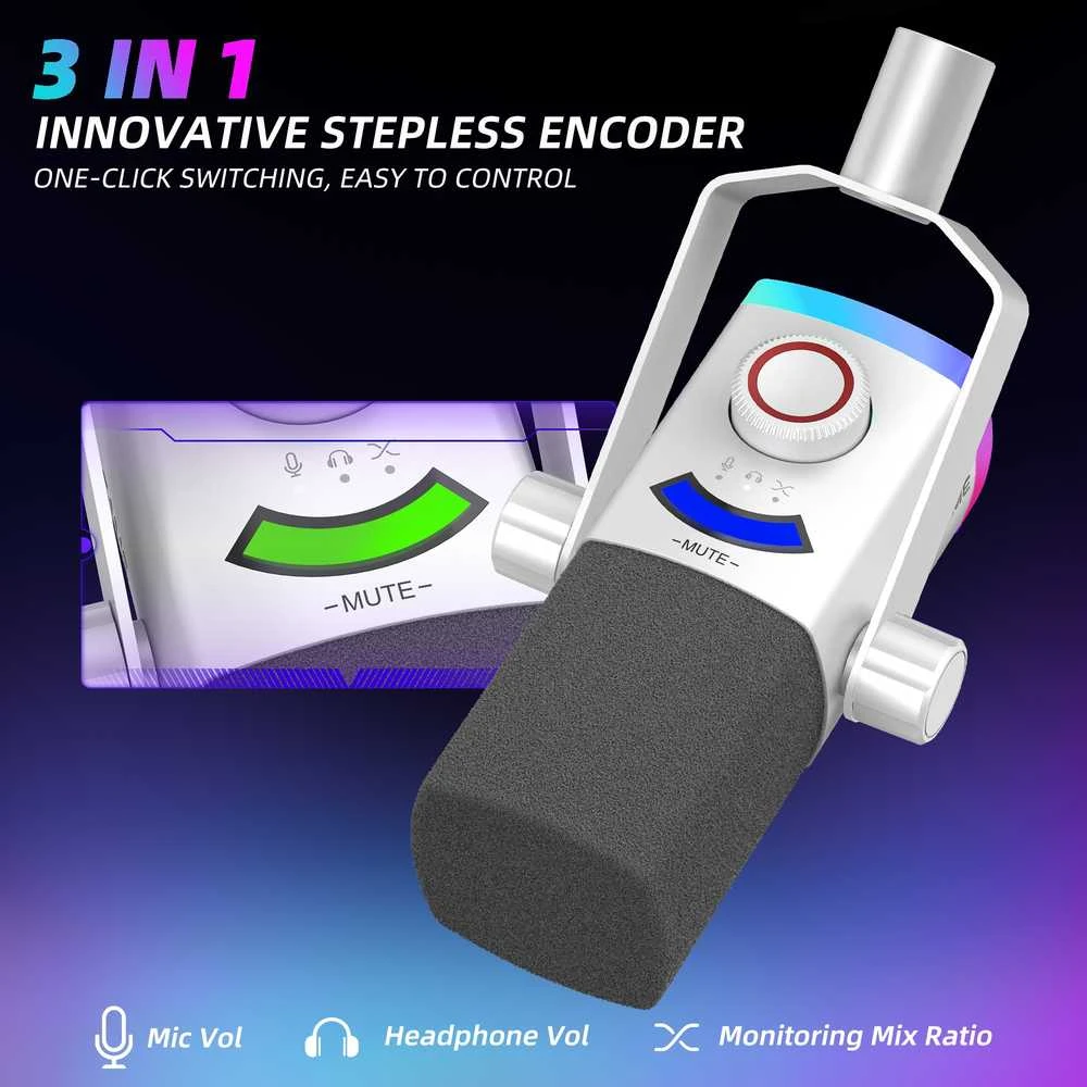 FIFINE AmpliGame AM8W PROT laidinis mikrofonas su stovu ir RGB apšvietimu USB/XLR