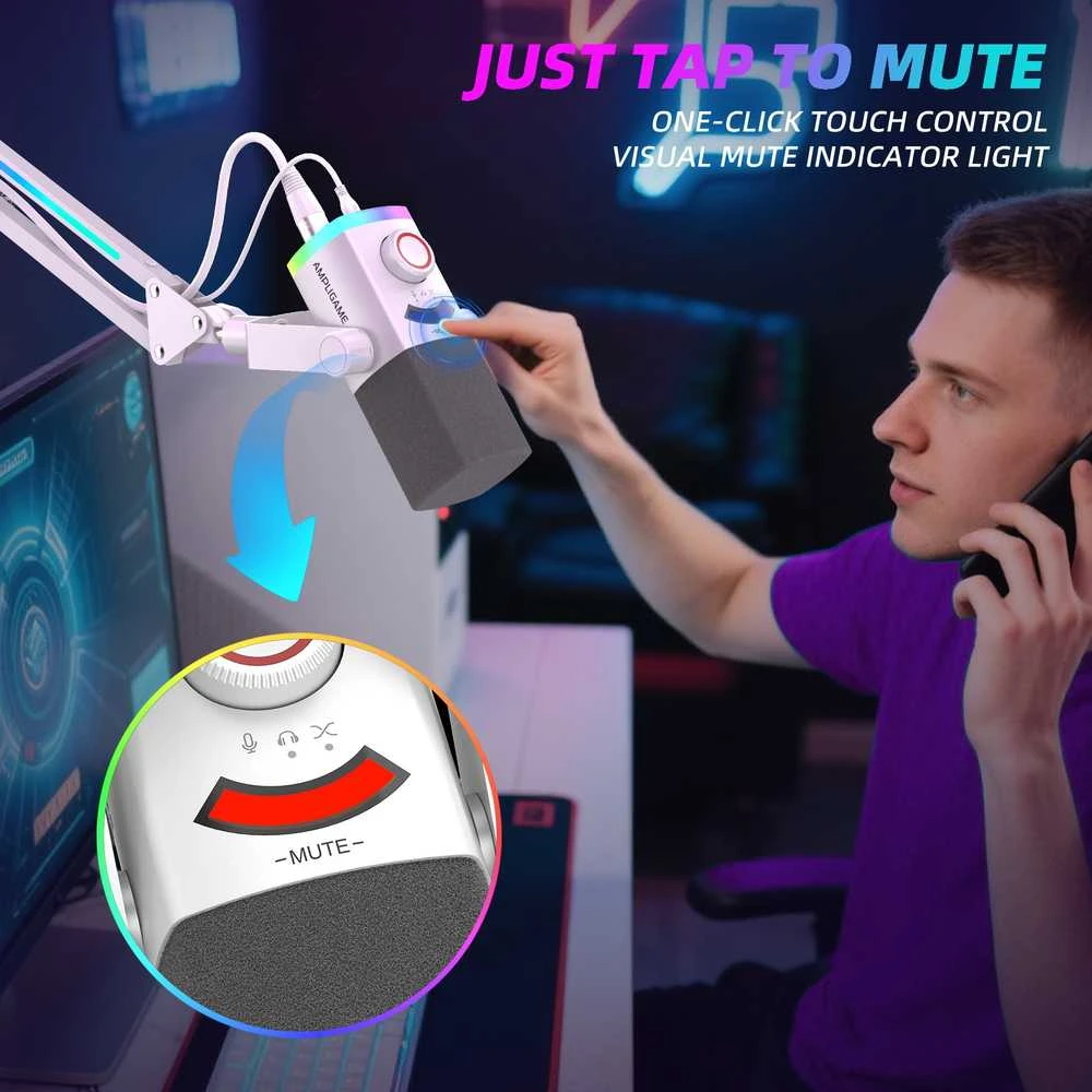 FIFINE AmpliGame AM8W PROT laidinis mikrofonas su stovu ir RGB apšvietimu USB/XLR