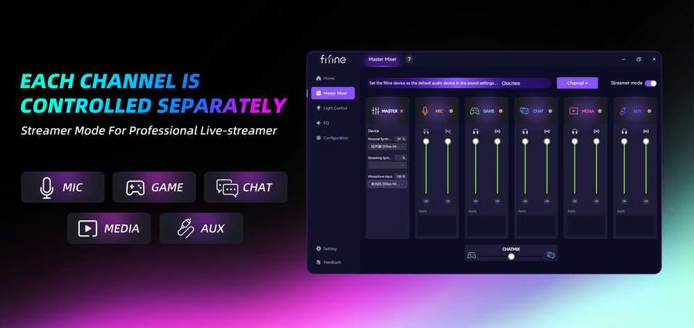 FIFINE AmpliGame AM8W PROT laidinis mikrofonas su stovu ir RGB apšvietimu USB/XLR