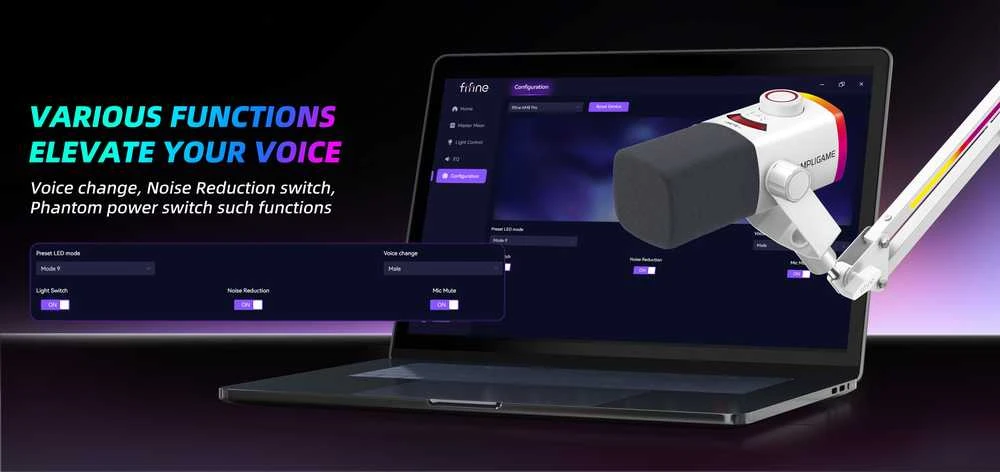 FIFINE AmpliGame AM8W PROT laidinis mikrofonas su stovu ir RGB apšvietimu USB/XLR