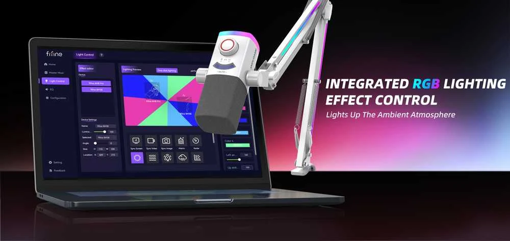 FIFINE AmpliGame AM8W PROT laidinis mikrofonas su stovu ir RGB apšvietimu USB/XLR