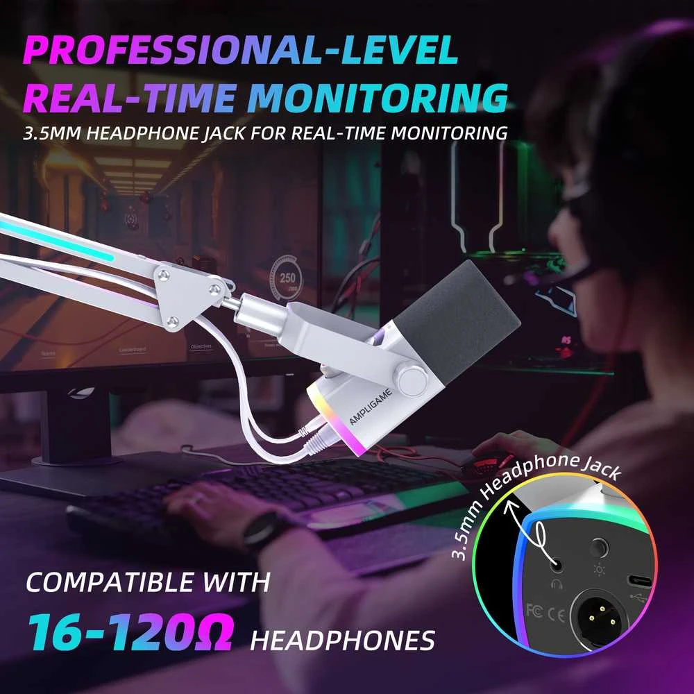 FIFINE AmpliGame AM8W PROT laidinis mikrofonas su stovu ir RGB apšvietimu USB/XLR