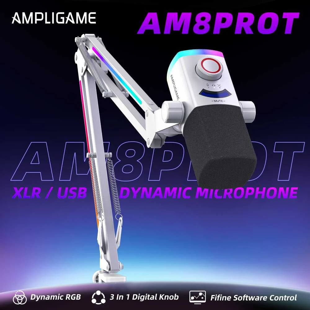 FIFINE AmpliGame AM8W PROT laidinis mikrofonas su stovu ir RGB apšvietimu USB/XLR