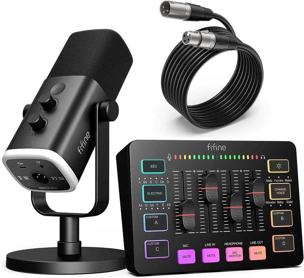 FIFINE AmpliGame KS5 Rinkinys | AM8 mikrofonas | SC3 žaidimų garso maišytuvas | L9 XLR kabelis