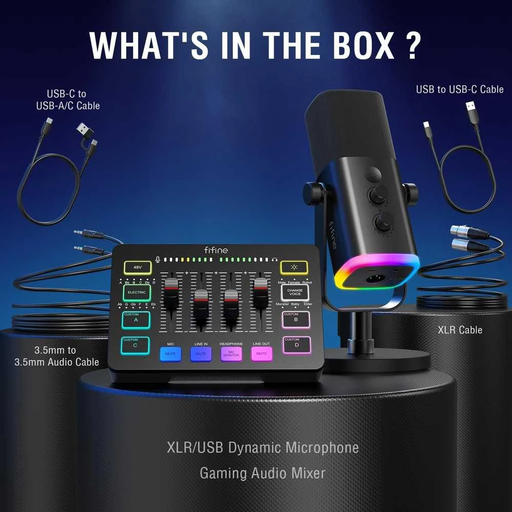 FIFINE AmpliGame KS5 Rinkinys | AM8 mikrofonas | SC3 žaidimų garso maišytuvas | L9 XLR kabelis