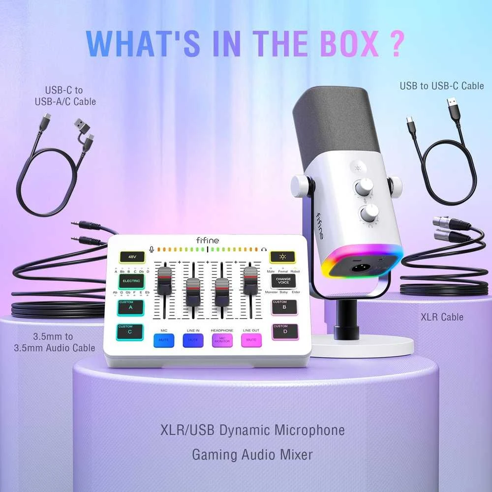 FIFINE AmpliGame KS5W Rinkinys | AM8 mikrofonas | SC3 žaidimų garso maišytuvas | L9 XLR kabelis
