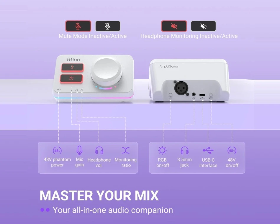 FIFINE AmpliGame SC9W Audio mikšerinis pultas | Baltas