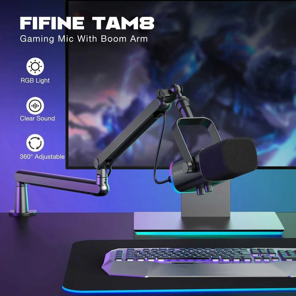 FIFINE AmpliGame TAM8 laidinis mikrofonas su stovu ir RGB apšvietimu USB/XLR