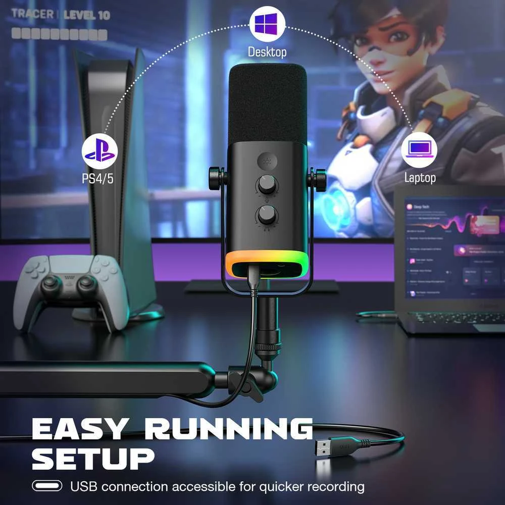 FIFINE AmpliGame TAM8 laidinis mikrofonas su stovu ir RGB apšvietimu USB/XLR