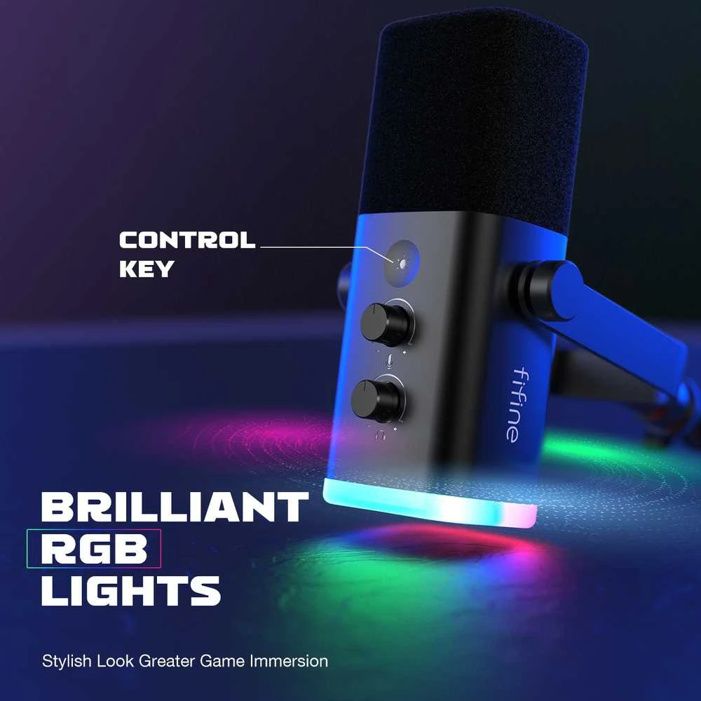 FIFINE AmpliGame TAM8 laidinis mikrofonas su stovu ir RGB apšvietimu USB/XLR