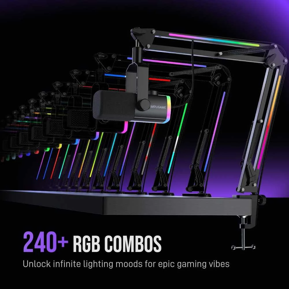 FIFINE AmpliGame AM8 PROT laidinis mikrofonas su stovu ir RGB apšvietimu USB/XLR