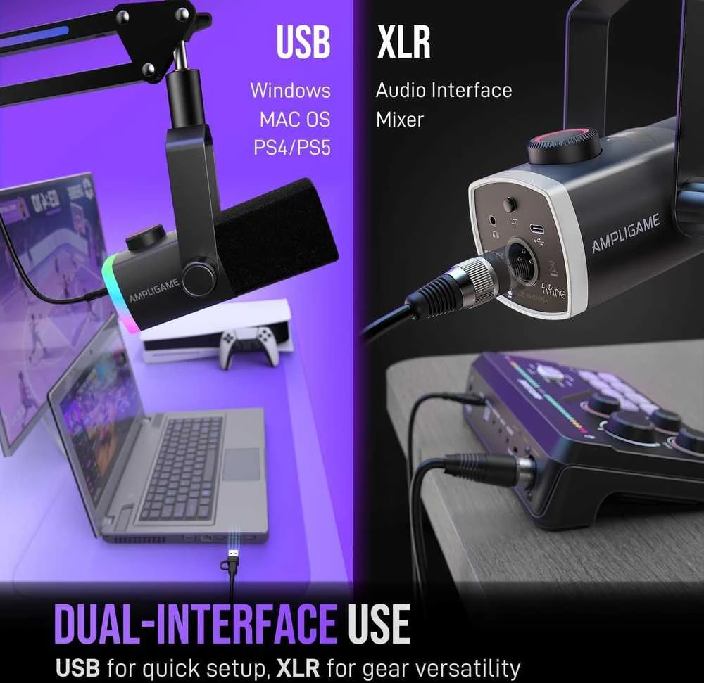 FIFINE AmpliGame AM8 PROT laidinis mikrofonas su stovu ir RGB apšvietimu USB/XLR