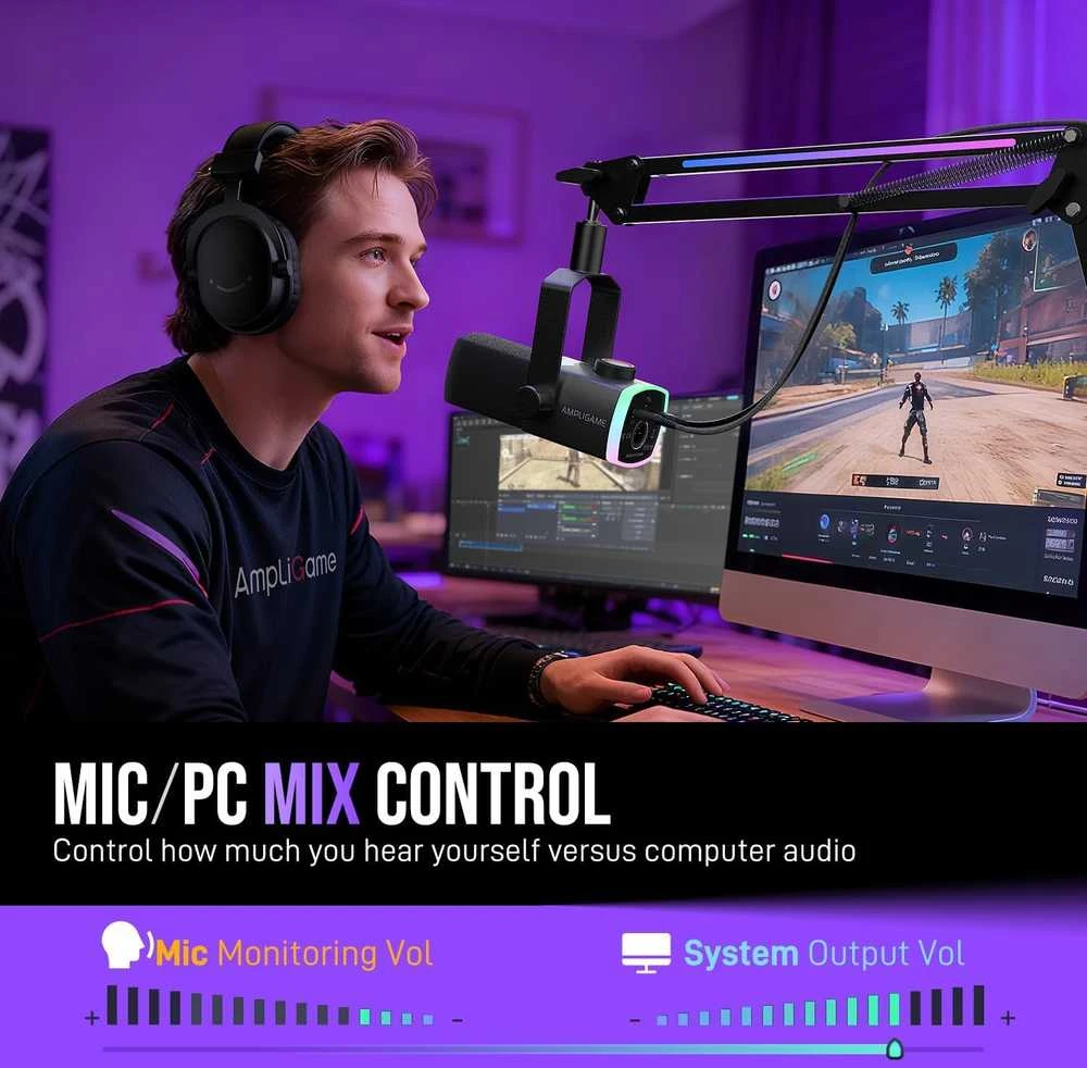 FIFINE AmpliGame AM8 PROT laidinis mikrofonas su stovu ir RGB apšvietimu USB/XLR