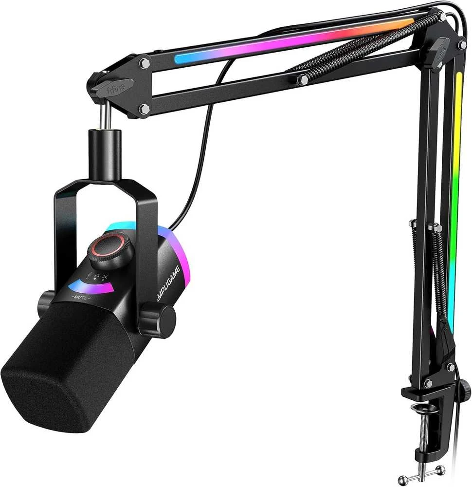 FIFINE AmpliGame AM8 PROT laidinis mikrofonas su stovu ir RGB apšvietimu USB/XLR