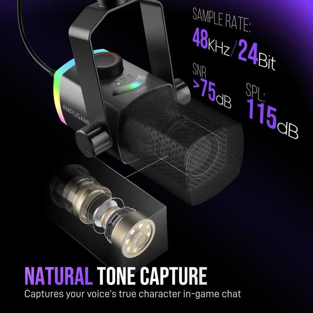 FIFINE AmpliGame AM8 PROT laidinis mikrofonas su stovu ir RGB apšvietimu USB/XLR