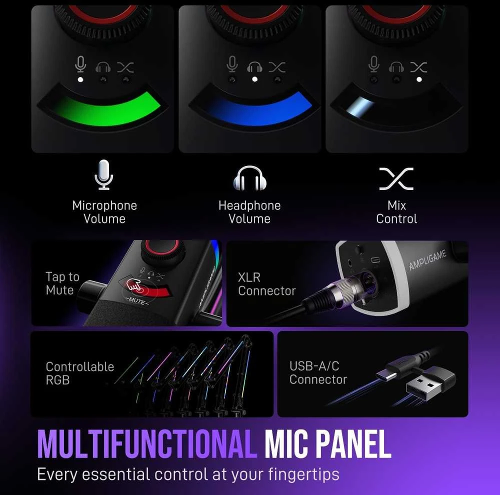 FIFINE AmpliGame AM8 PROT laidinis mikrofonas su stovu ir RGB apšvietimu USB/XLR