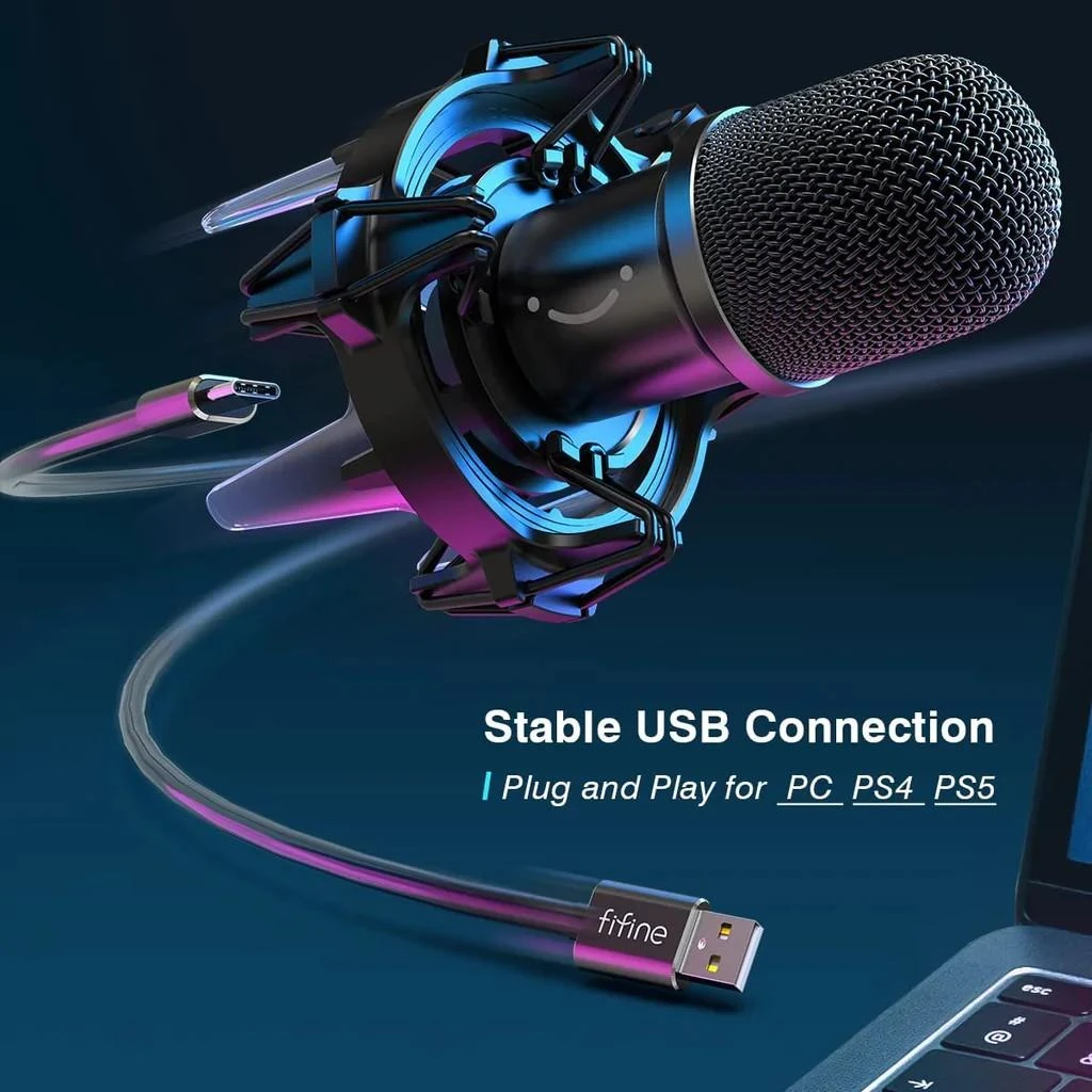 FIFINE K651 kardioidinis laidinis mikrofonas su RGB + laikiklis | USB