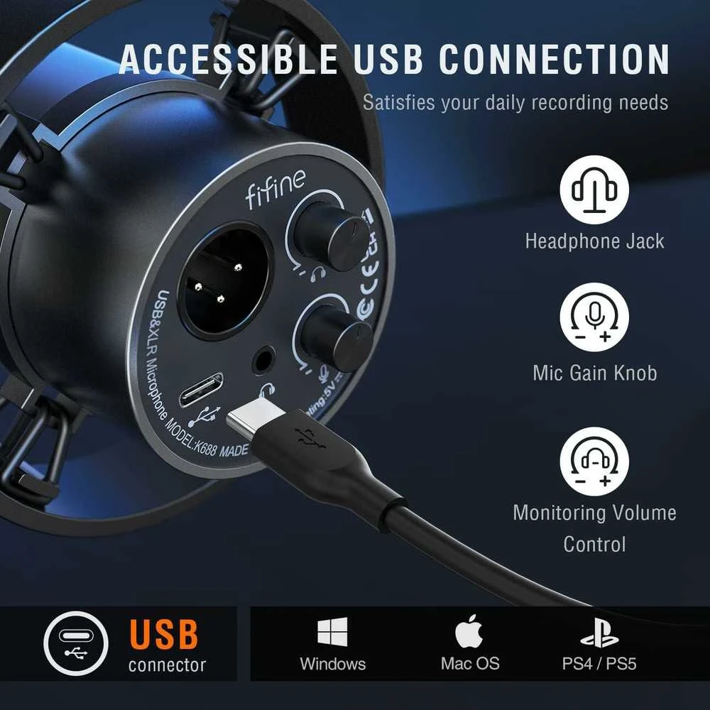 FIFINE K688 laidinis dinaminis mikrofonas | USB/XLR