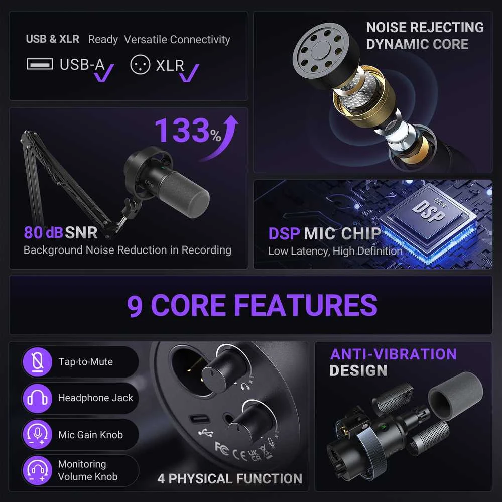 FIFINE K688CT laidinis dinaminis mikrofonas su stovu | USB/XLR