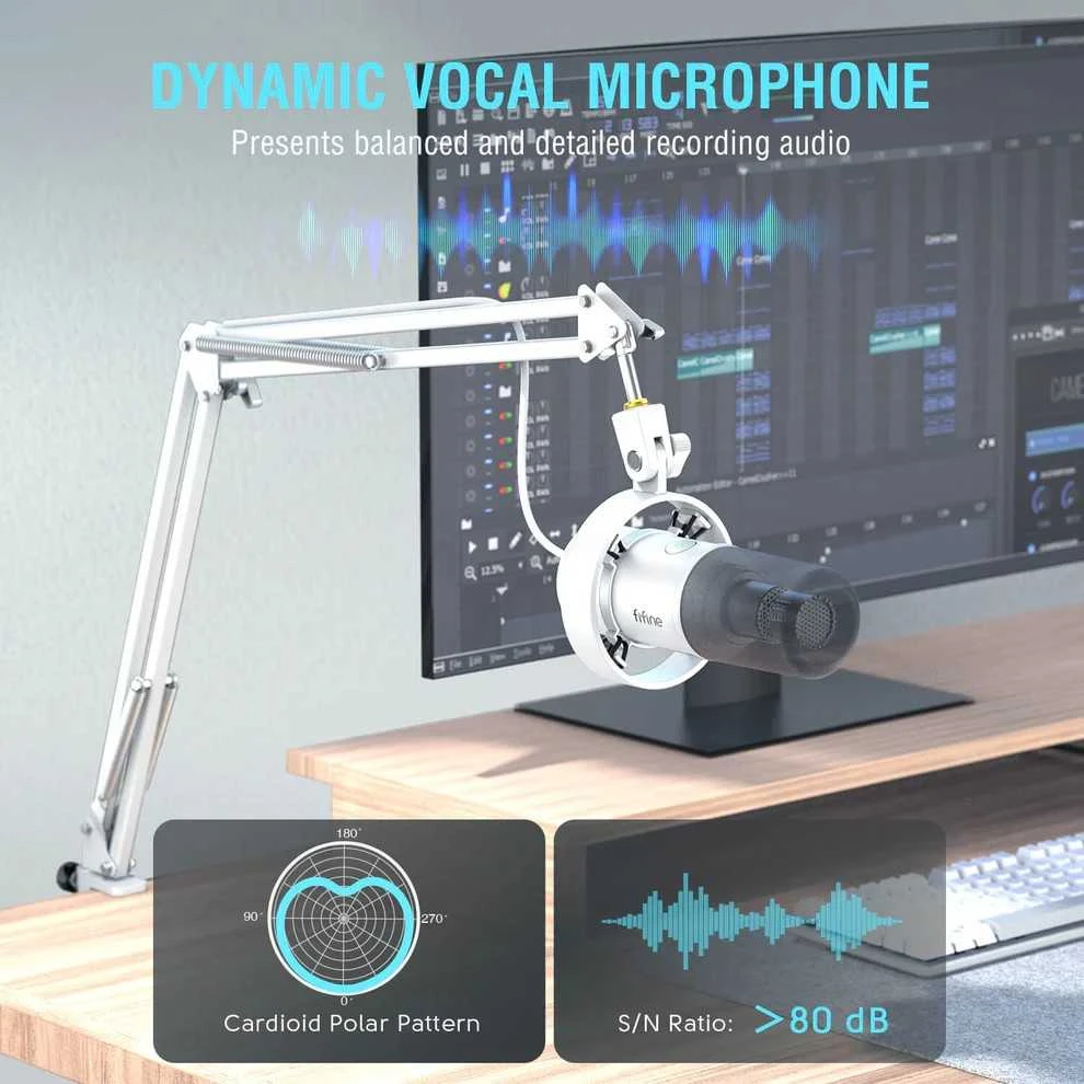 FIFINE K688CTW laidinis dinaminis mikrofonas su stovu | USB/XLR