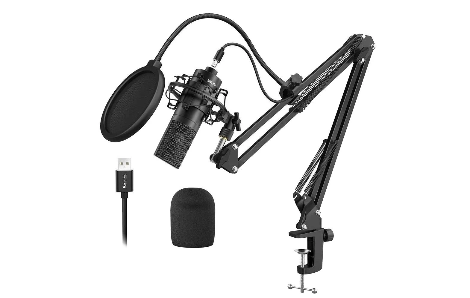 FIFINE K780A juodas kondensatorinis mikrofonas su laidu + laikiklis | USB