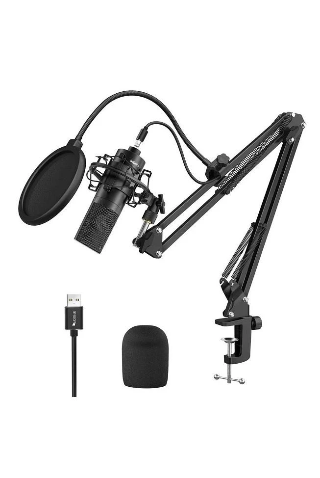 FIFINE K780A juodas kondensatorinis mikrofonas su laidu + laikiklis | USB