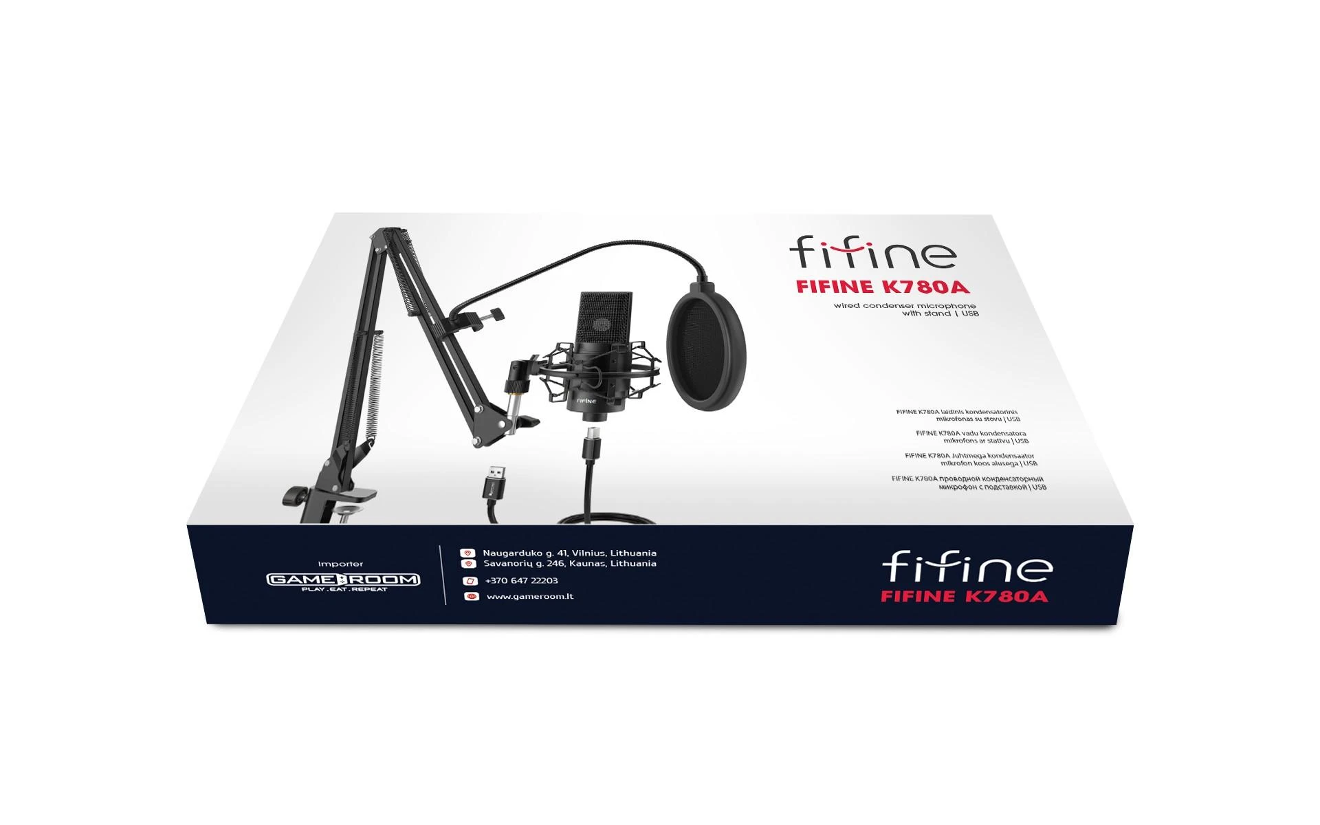 FIFINE K780A juodas kondensatorinis mikrofonas su laidu + laikiklis | USB