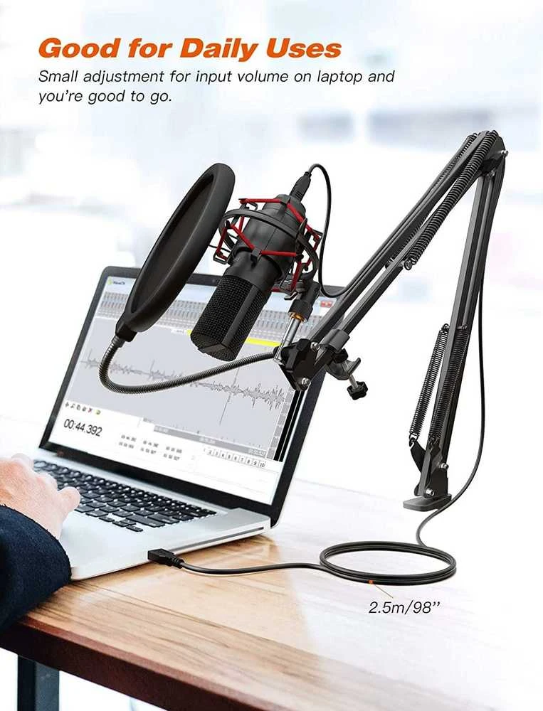 FIFINE T732 juodas kondensatorinis mikrofonas su laidu + laikiklis | USB