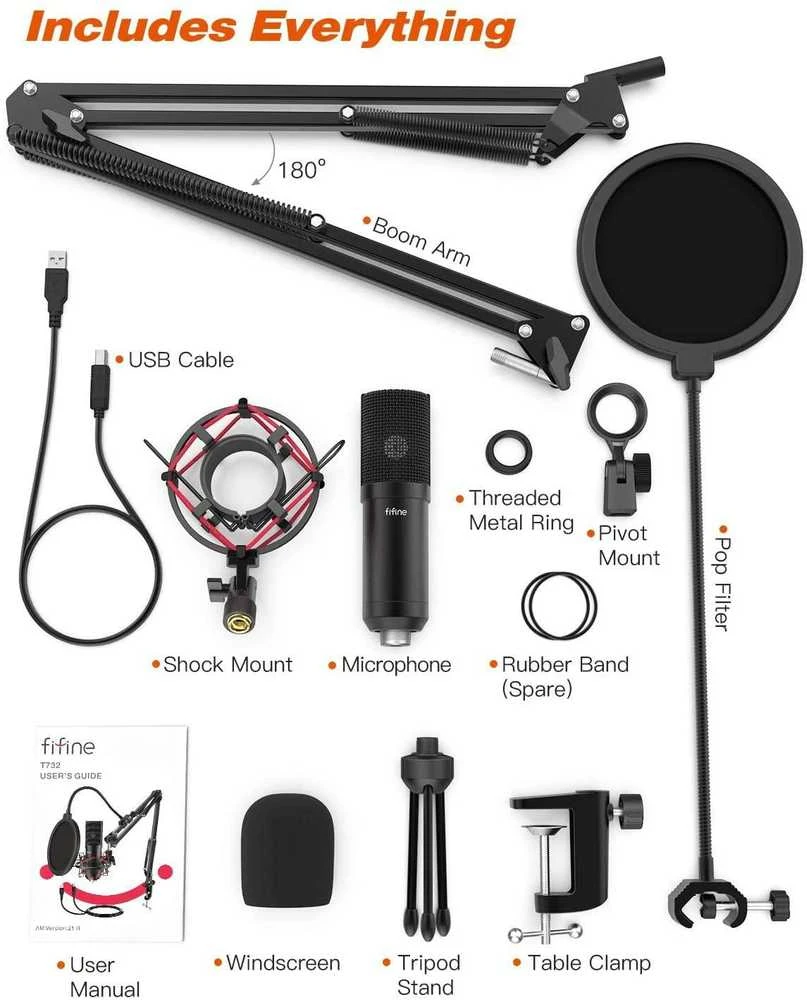 FIFINE T732 juodas kondensatorinis mikrofonas su laidu + laikiklis | USB