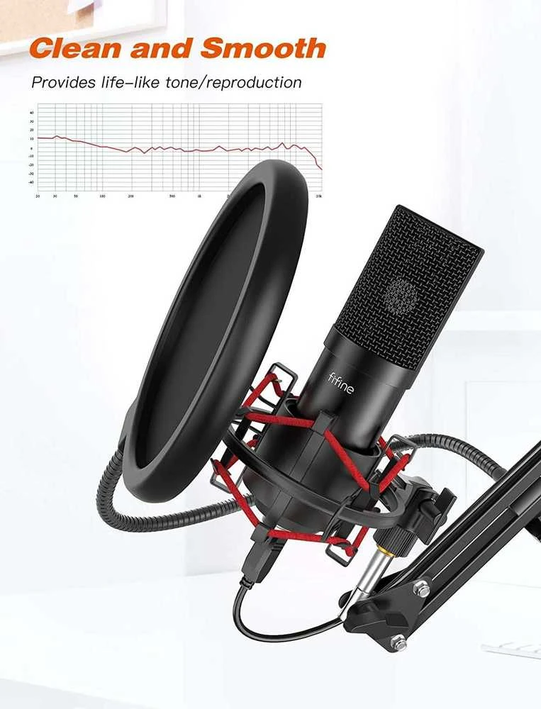 FIFINE T732 juodas kondensatorinis mikrofonas su laidu + laikiklis | USB