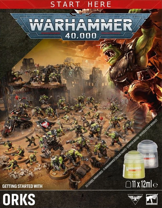 Games Workshop Warhammer 40,000 Orkų startinis rinkinys – miniatiūros, dažai, teptukas