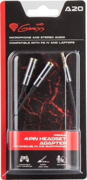 Genesis NATEC NKA-0729 aukščiausios kokybės 4 PIN ausinių adapteris, skirtas PS4 kompiuteriui