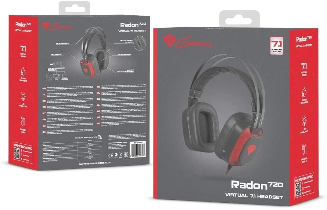Žaidimų ausinės Genesis Radon 720, 7.1 erdvinis garsas, LED, USB