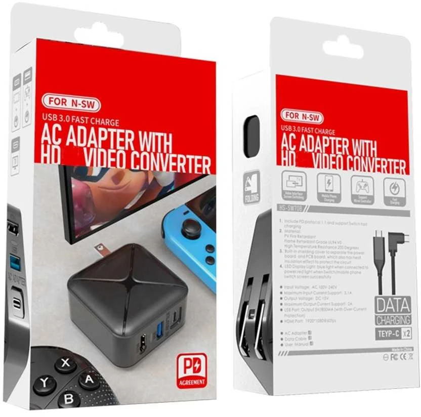 HONSON USB 3.0 greitojo įkrovimo adapteris su HDMI prievadu/ES kištuku, skirtas Switch/Lite/Oled