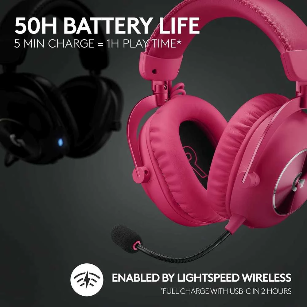 Logitech G Pro X 2 rožinės ausinės su akumuliatoriaus duomenimis