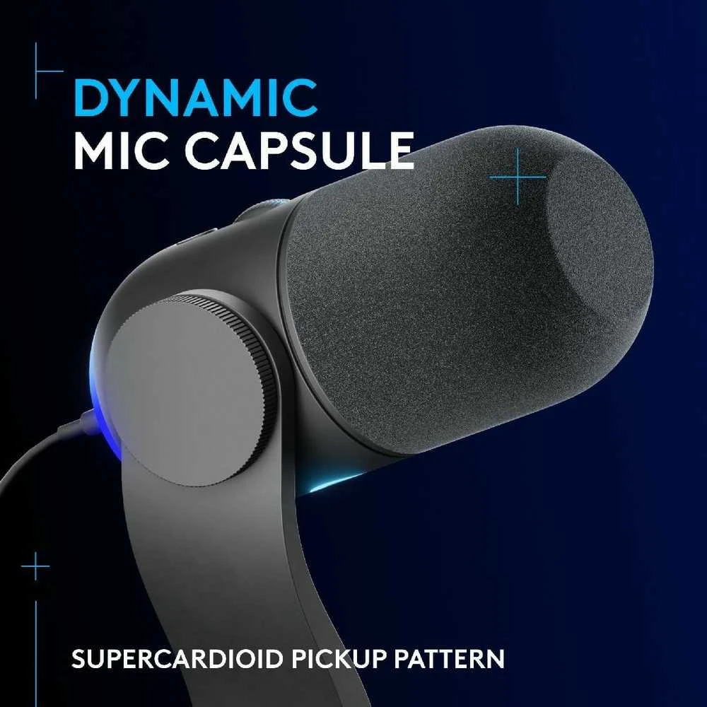 Logitech G Yeti GX Dynamic kardioidinis laidinis mikrofonas (juodas) su RGB | USB