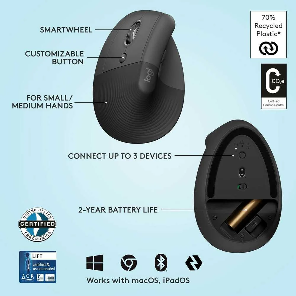 Kompiuterinė pelė Logitech Lift Left, Grafito spalvos