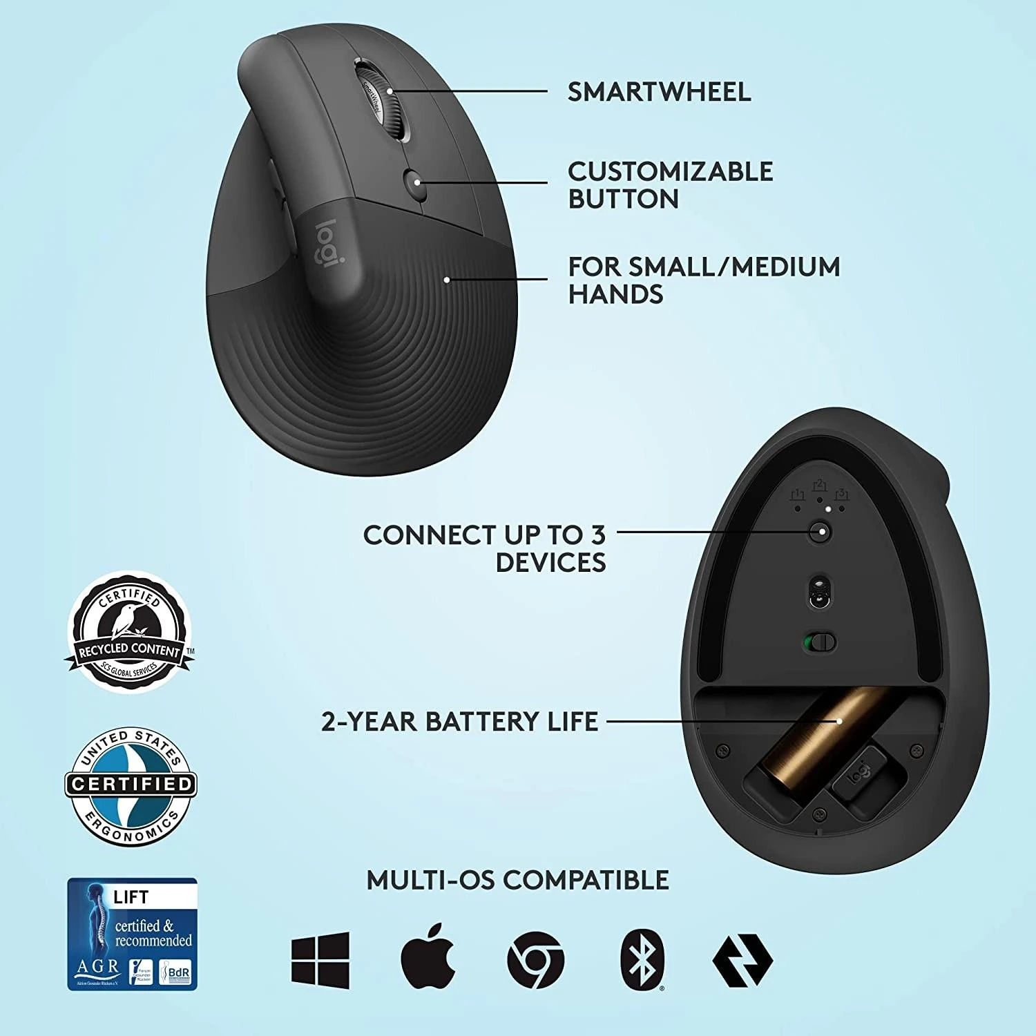 Belaidė pelė Logitech Lift, Grafito spalvos