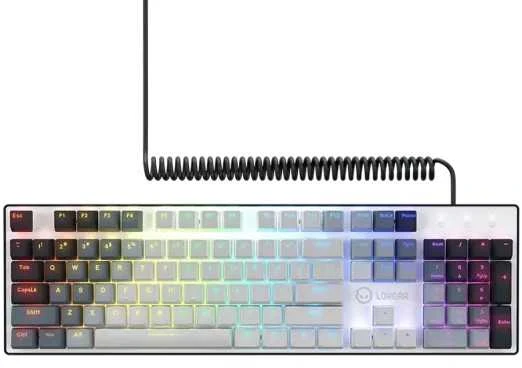 LORGAR Azar 514, Laidinė mechaninė žaidimų klaviatūra, RGB apšvietimas, 1680000 spalvų variacijų, 18 režimų, mygtukų skaičius: 104, 50M paspaudimų, linijiniai sapnų jungikliai, spyruoklinis kabelis iki 3,4m, ABS plastikas+metalas, magnetinis dangtelis, 450*136*39mm, išdėstymas baltas 1.17mm