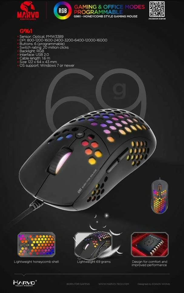 Marvo G961 RGB juoda pelė su laidu | 12000 DPI